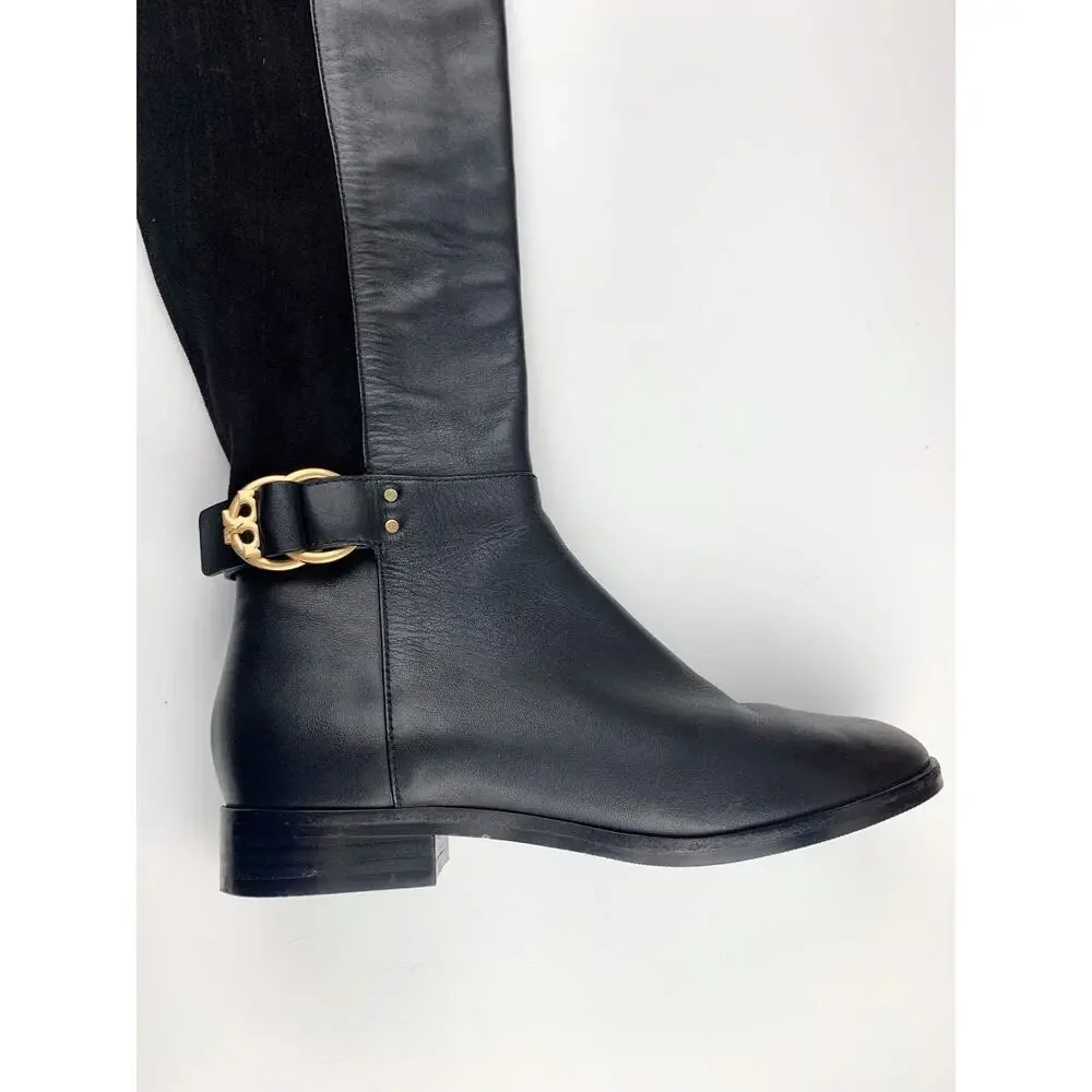Tory Burch Marsden Over The Knee Black Leather Boots Equestrian Women's 6.5